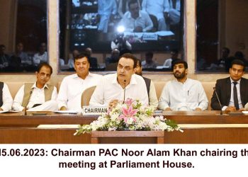 Islamabad 15.06.2023: Chairman PAC Noor Alam Khan chairing the committee meeting at Parliament House.