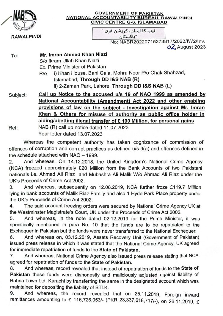NAB summons Imran KHÄÑ in £190 million case