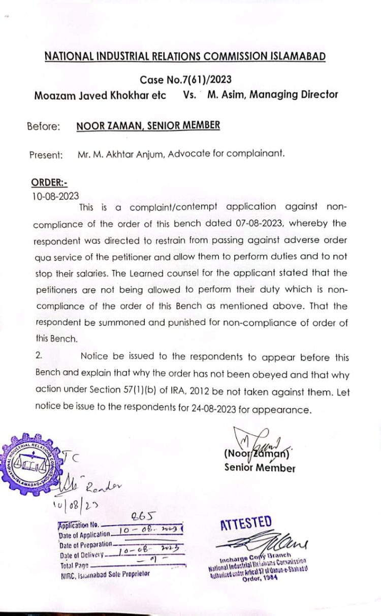 Contempt Application Filed Against MD APP for Non-Compliance of NIRC Order