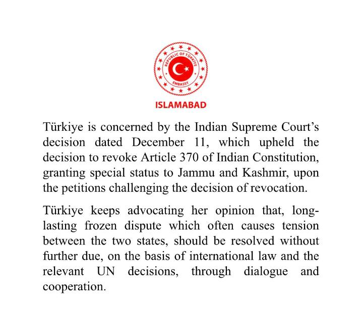 Türkiye Expresses Concern Over Indian Supreme Court’s Decision on Article 370″