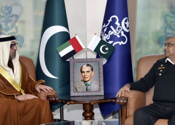 Chief of the Naval Staff Admiral Naveed Ashraf exchanging views with Ambassador of UAE to Pakistan H.E Mr. Hamad Obaid Ibrahim Salem Alzaabi at Naval Headquarters Islamabad