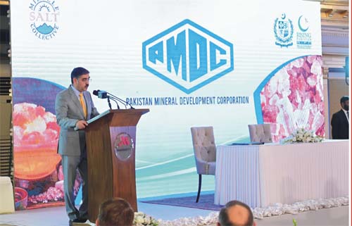 Caretaker Prime Minister Anwaar-ul-Haq Kakar addresses the signing ceremony of the joint venture between Pakistan Mineral Development Corporation and Miracle Saltworks Collective Inc. (USA) for the value addition and export of pink salt, in Islamabad on February 20, 2024.