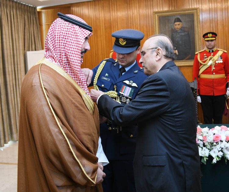 President Asif Ali Zardari conferring the award of Nishan-i-Pakistan on the Minister for Defense of the Kingdom of Saudi Arabia (KSA), Prince Khalid bin Salman bin Abdul Aziz Al Saud, in recognition of his services towards strengthening Pak-KSA bilateral cooperation and peace in the region, during a special investiture ceremony, at Aiwan-e-Sadr, on Saturday.