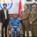 Sialkot: District Police Officer Rana Umar Farooq is inducting Sub-Inspector Saif Ali for promotion.