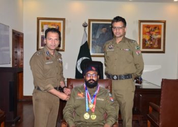Constable Zargham honoured for winning triple gold in martial arts & boxing